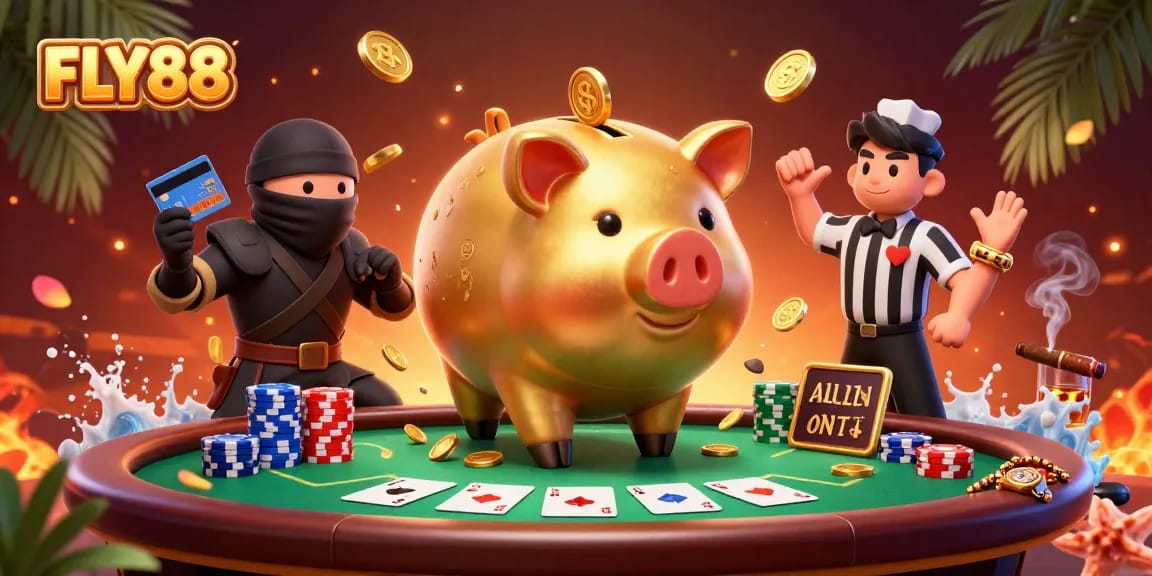 FLY88 showcases a dynamic gaming scene with a sumo wrestler and characters engaging in casino fun.