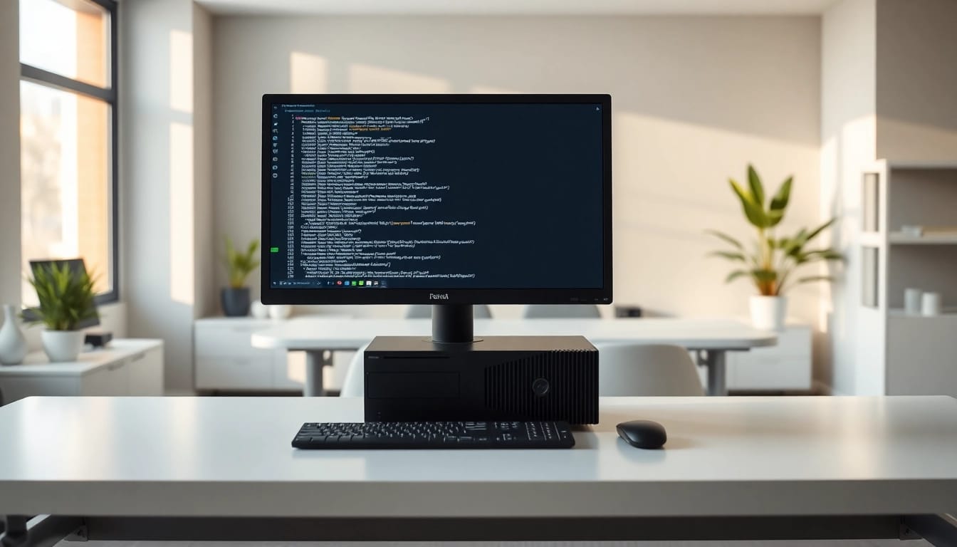 Ανακαινισμένος υπολογιστής pc σε μοντέρνο γραφείο με φωτεινό οθόνη.