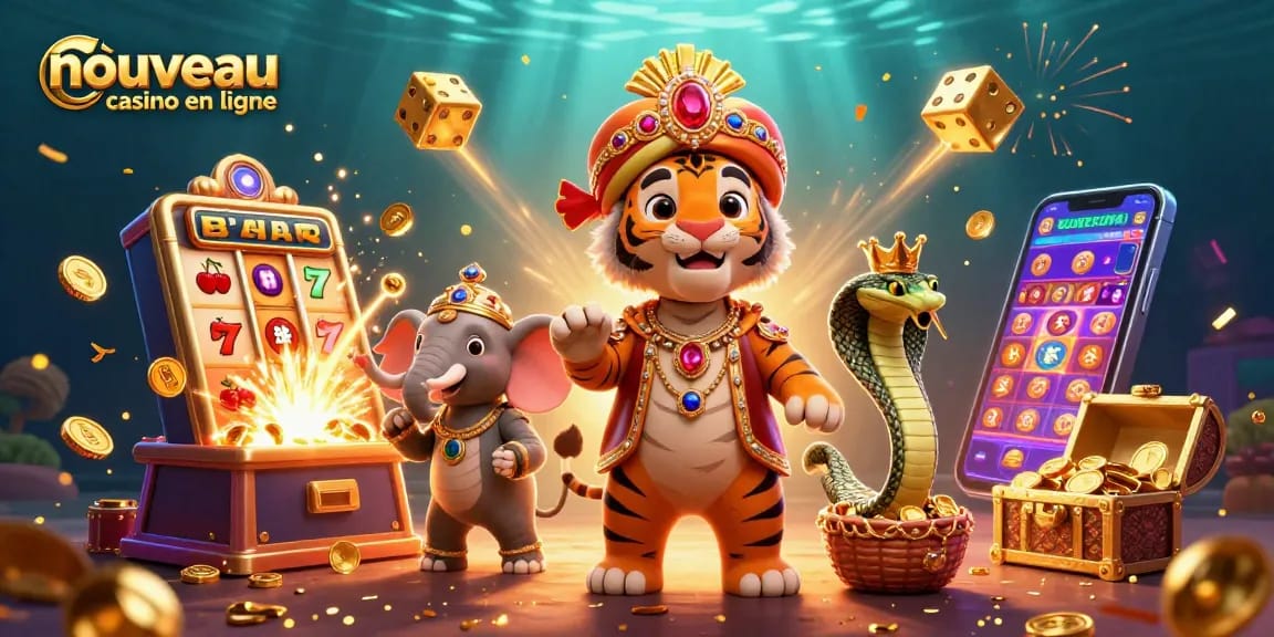 Jouez sur le nouveau casino en ligne avec un tigre maharaja, éléphant, et machines à sous scintillantes.
