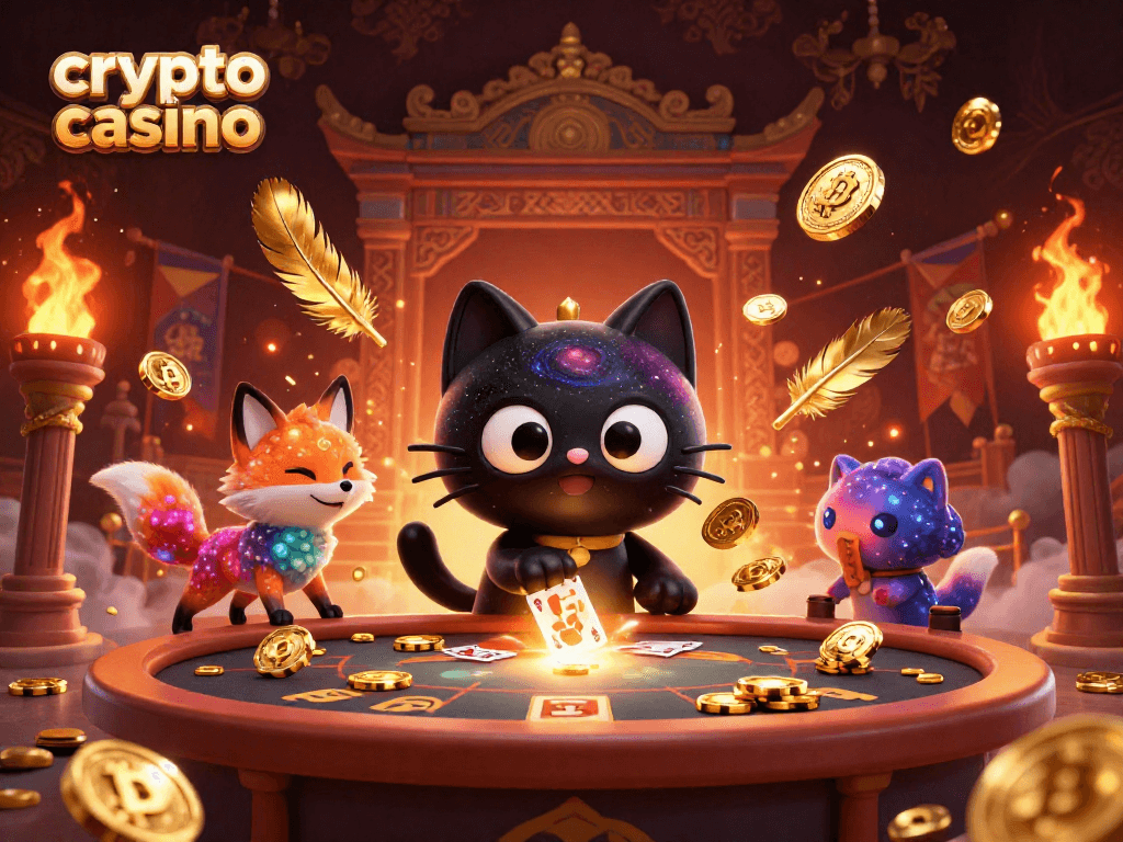 Gagnez au crypto casino avec des pièces de Bitcoin et des cartes à jouer dans un univers captivant.