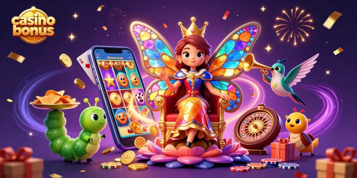 Engage with the casino bonus featuring a vibrant 3D scene full of animated games and rewards.