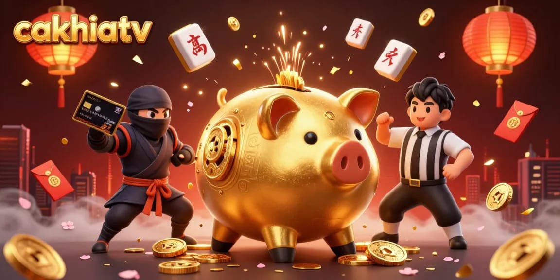 Cakhiatv showcases a dynamic gambling scene with a golden piggy bank sumo wrestler, capturing excitement and action.