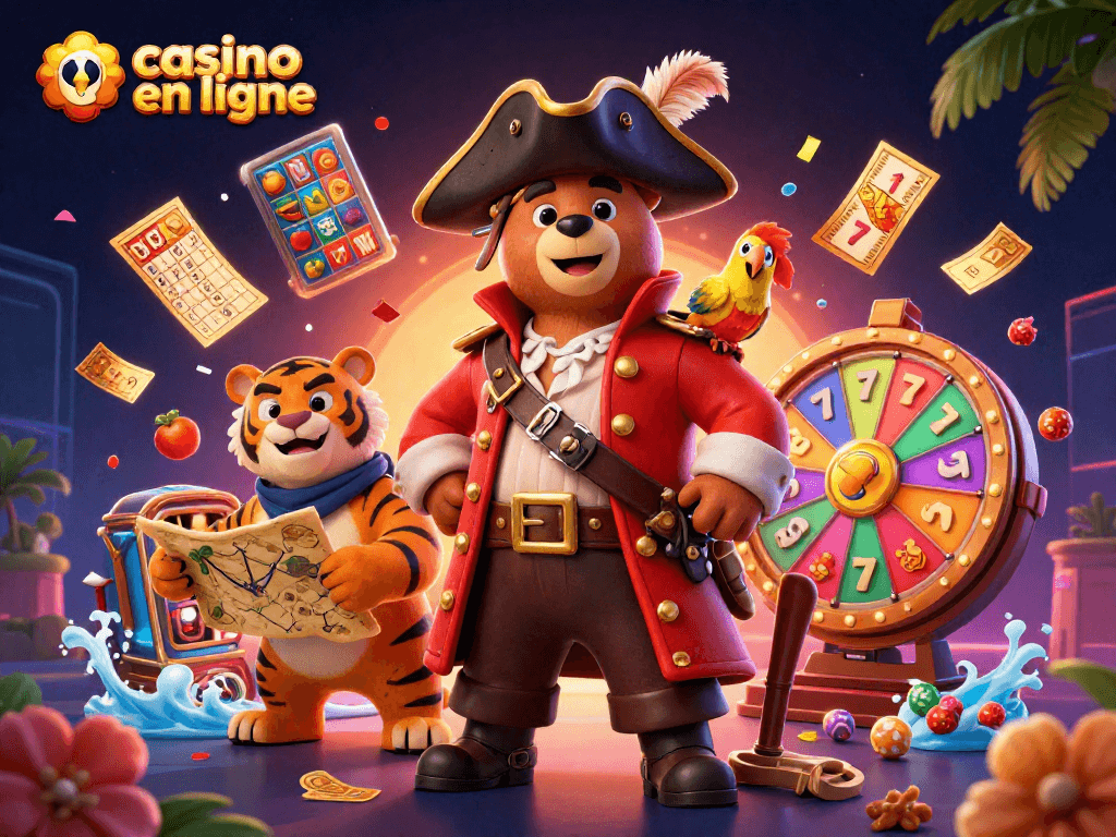 Jeu de casino en ligne avec un ours pirate et ses compagnons entourés de rouleaux de machines à sous.