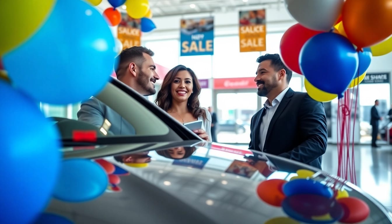 Buy New Car with a couple exploring a contemporary dealership filled with vibrant banners.