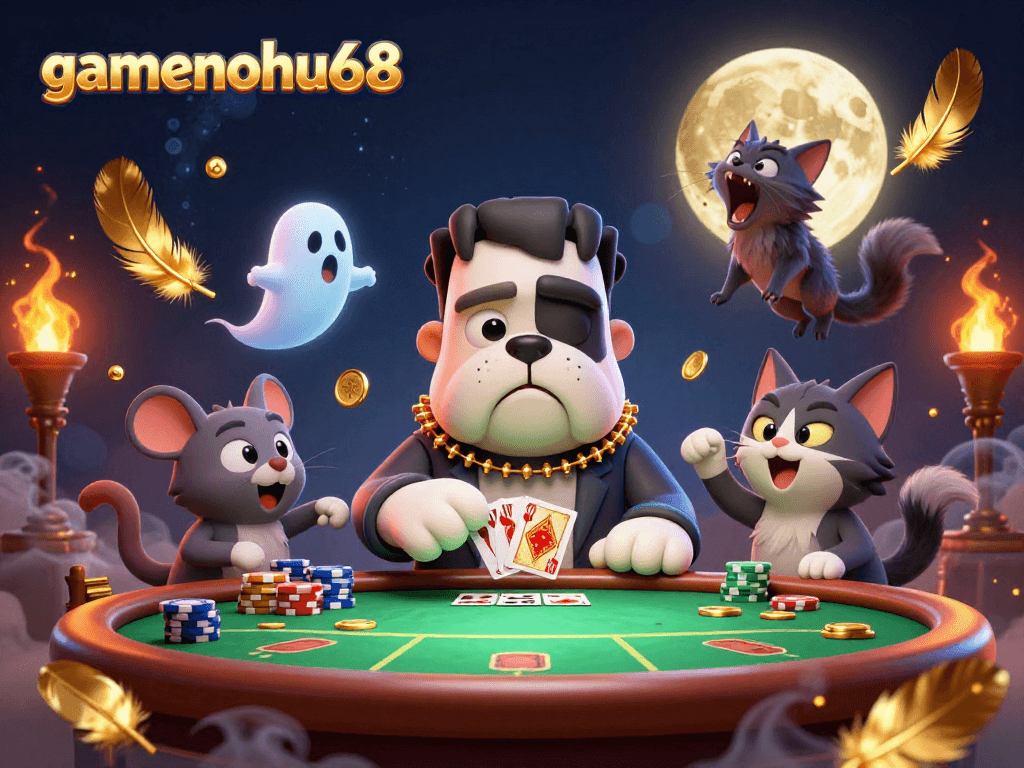 Play poker with gamenohu68’s unique characters, showcasing thrilling hand and dynamic atmosphere.