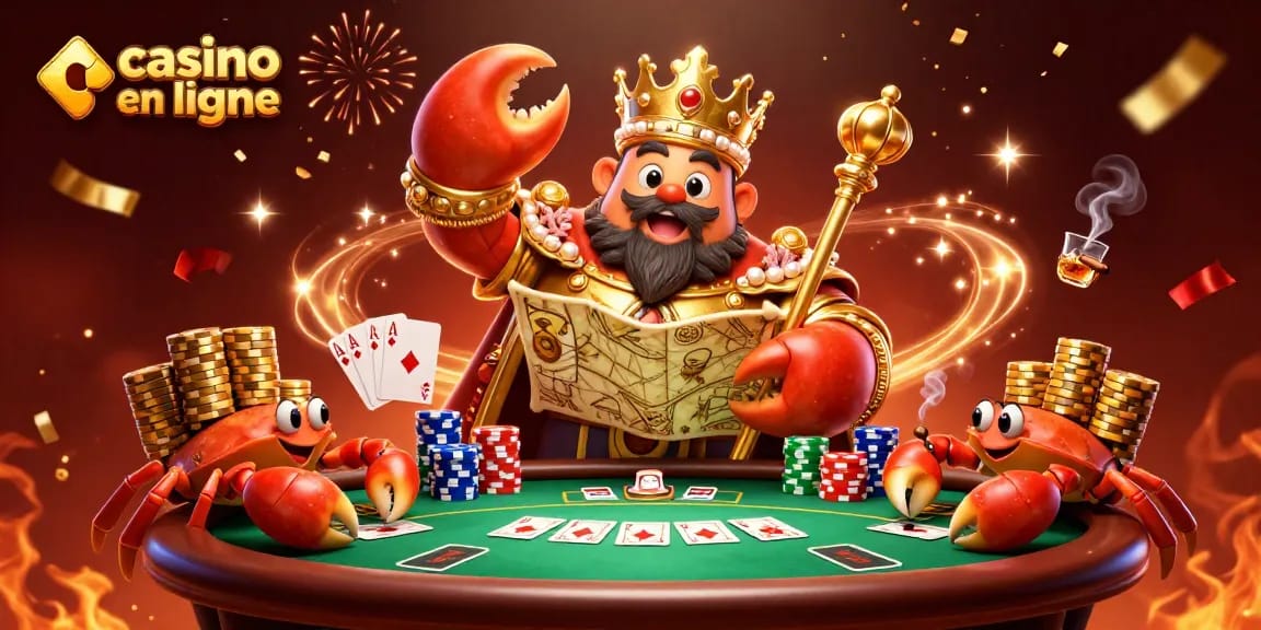 Plongez dans l'univers du casino en ligne avec un crabe doré et ses serviteurs, riche en détails.