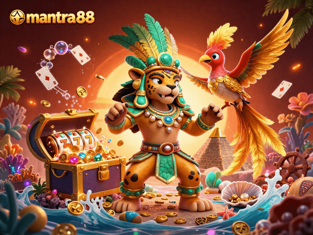 Experience the thrills of mantra88 with a vibrant illustration of a Mayan priest amidst shimmering slots and treasures.