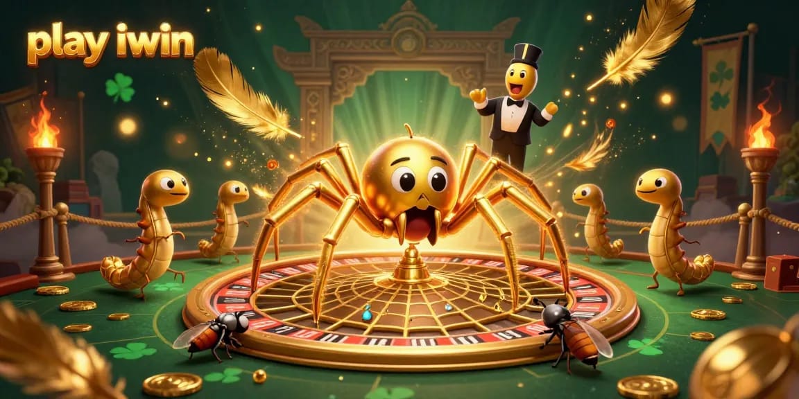 Spin the wheel and play iwin with a vibrant illustration of a golden spider and centipede croupier.