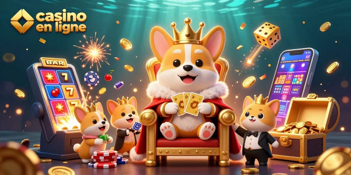 Découvrez un corgi royal jouant dans un casino en ligne avec des dés dorés et une machine à sous.