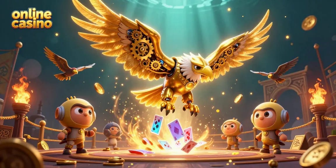 Gioca all'online casino con un'aquila dorata e carte che danzano nell'aria.