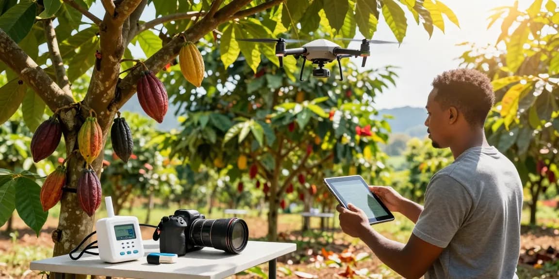 Farmer analyzing m98 cocoa pods with technology on a vibrant farm.