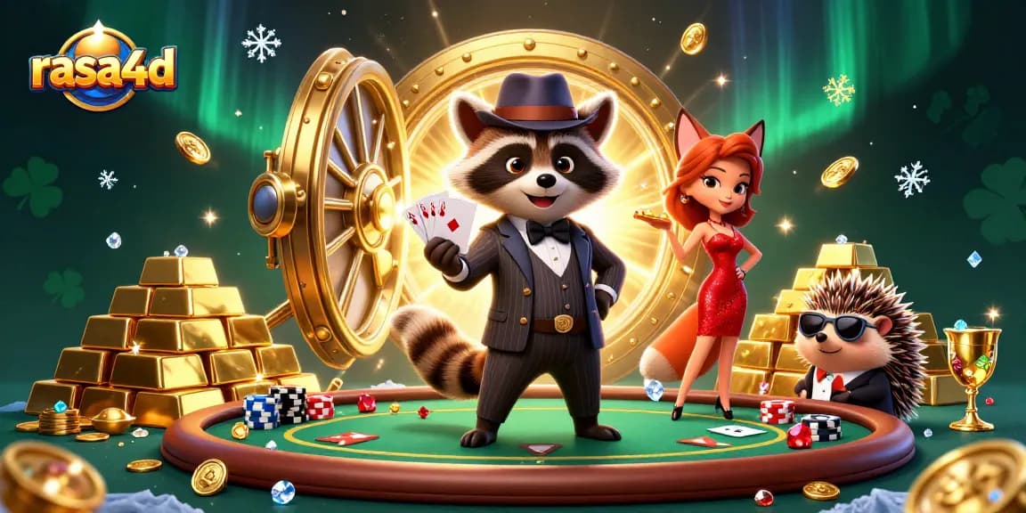 Rasakan keseruan judi poker dengan rasa4d, rakun tampan memegang royal flush sebagai simbol keberuntungan.