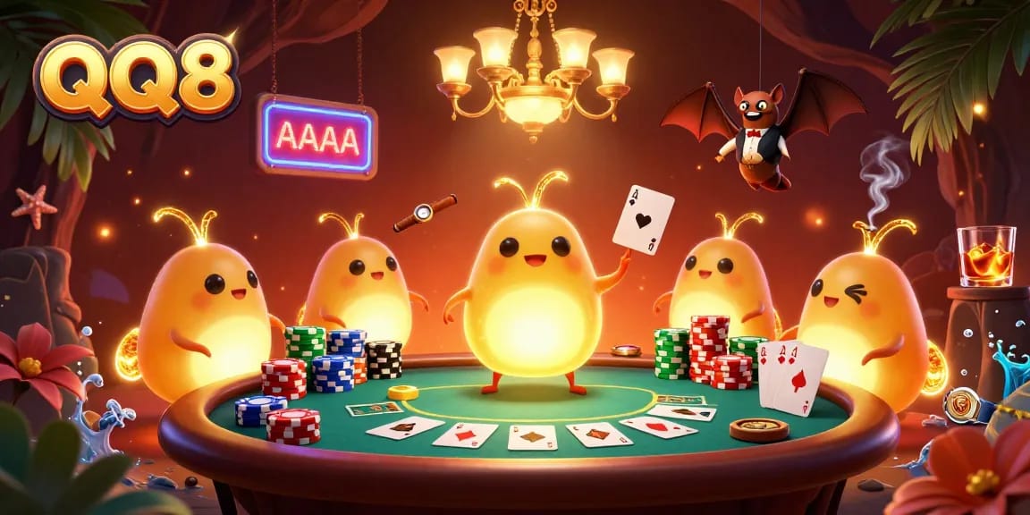 Experience the vibrancy of QQ88 gaming in a bustling casino scene, enhanced by lively glowworms and intense poker action.