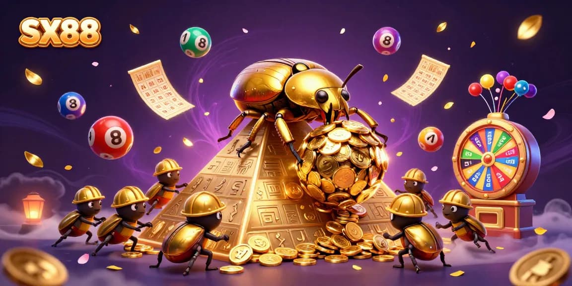 SX88 showcases dynamic gameplay with a golden dung beetle rolling coins in an animated casino scene