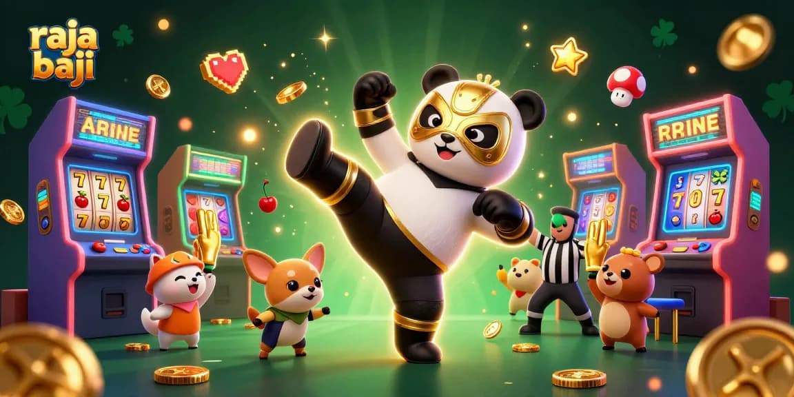 Experience raja baji's excitement with a panda wrestler in a casino-themed 3D scene.