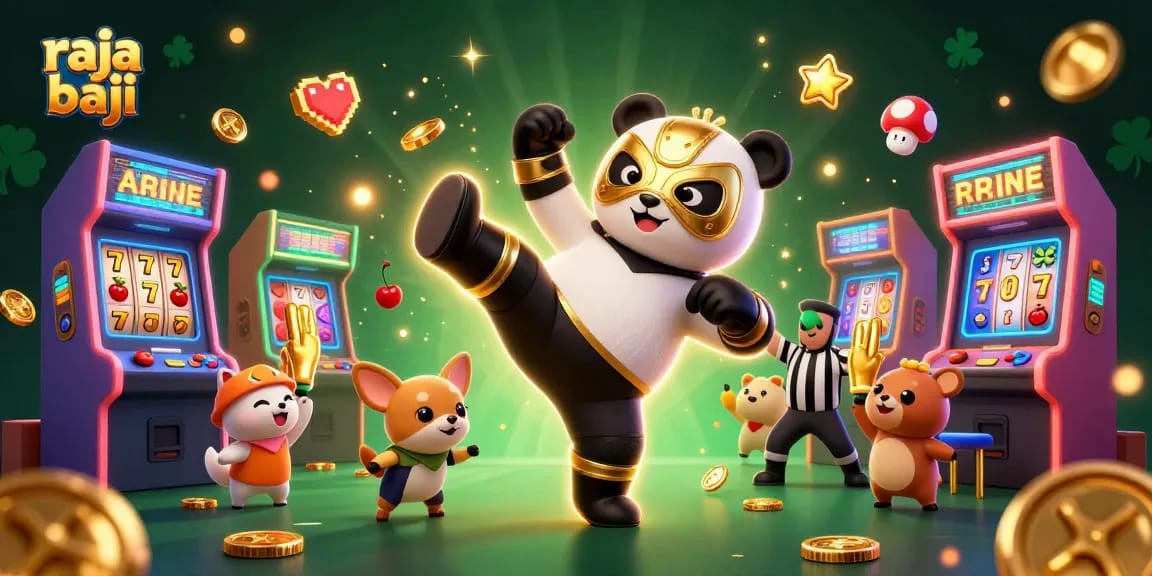 Experience raja baji's excitement with a panda wrestler in a casino-themed 3D scene.