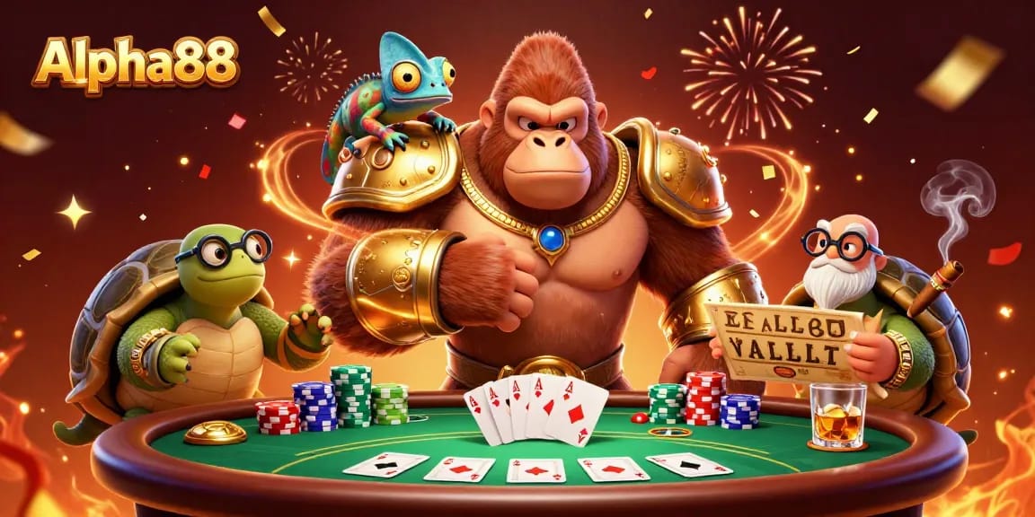 Engage with Alpha88's thrilling gaming adventure alongside a powerful gorilla king and wise tortoise elder.