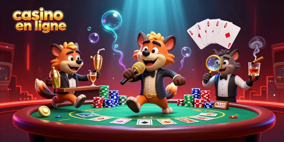 Vivez l'expérience unique du casino en ligne avec notre illustration d'une soirée comique animée par des hyènes.