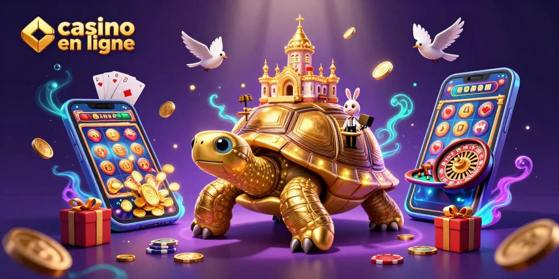 Jouer à des jeux de casino en ligne avec une tortue dorée et un croupier lapin, entourés de pièces d'or.