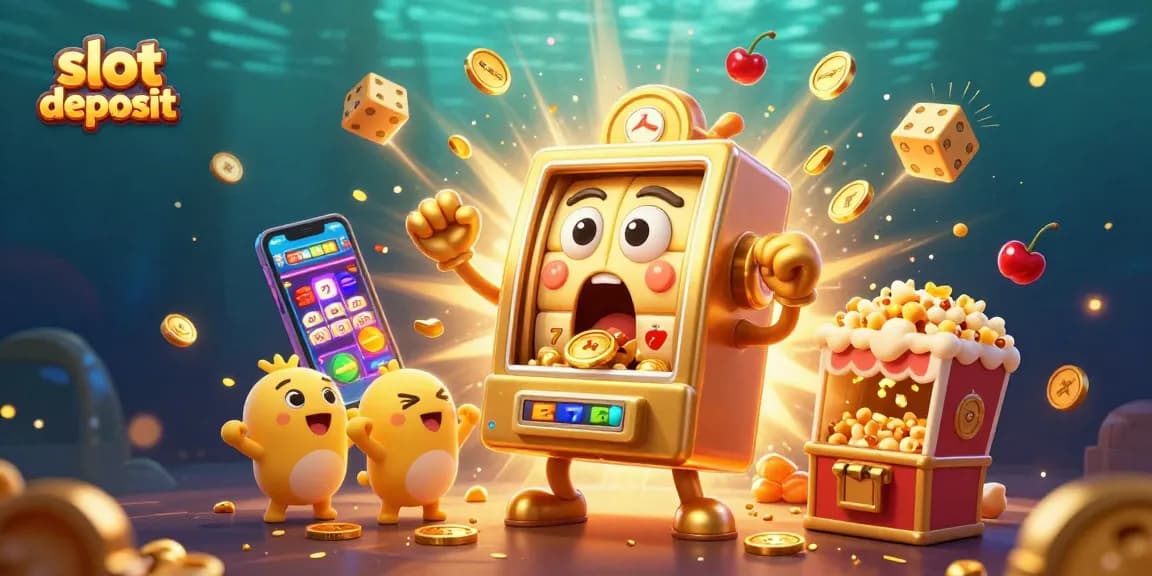 Slot deposit yang memberikan jackpot, mesin slot emas ceria dan popcorn menambah kesan ceria.