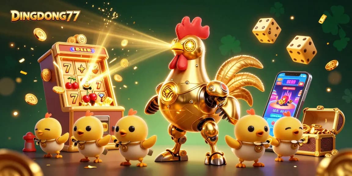 DINGDONG77 celebrates jackpot excitement with a golden rooster robot amidst vibrant casino elements.