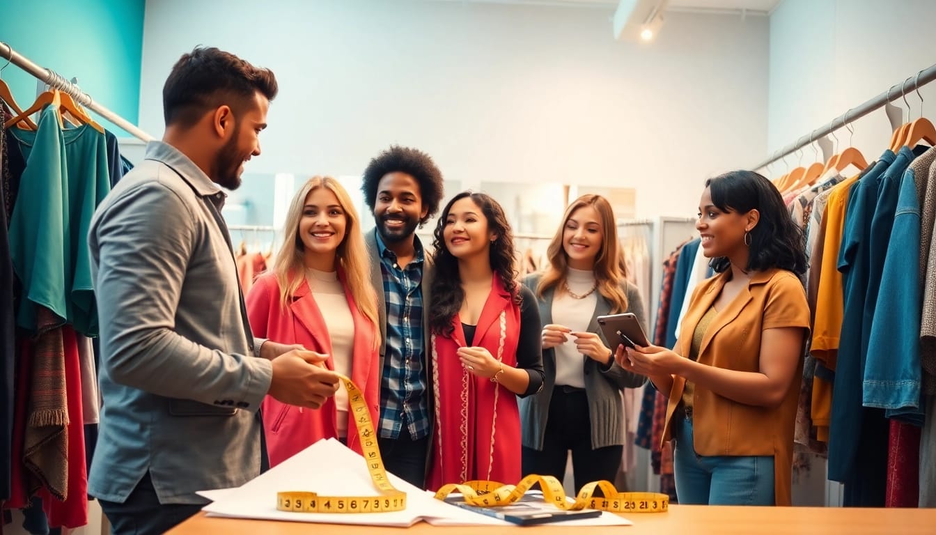 How to find my Perfect fit with a stylist aiding diverse individuals in a modern dressing room.
