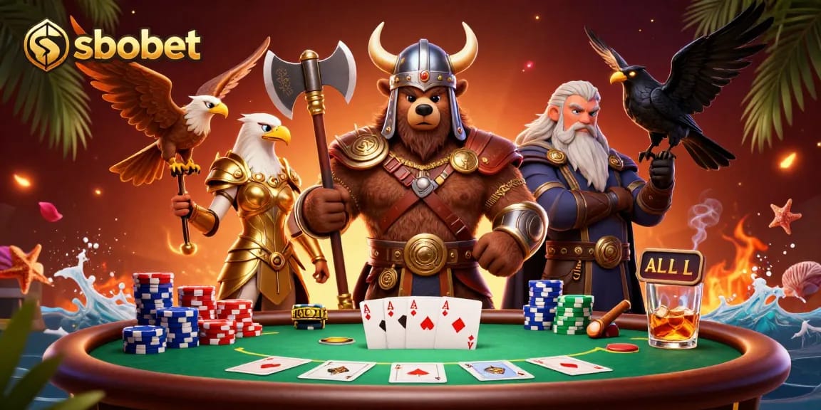 Engage in sbobet sports betting with this vibrant cartoon scene showcasing dynamic elements like poker chips and cards.