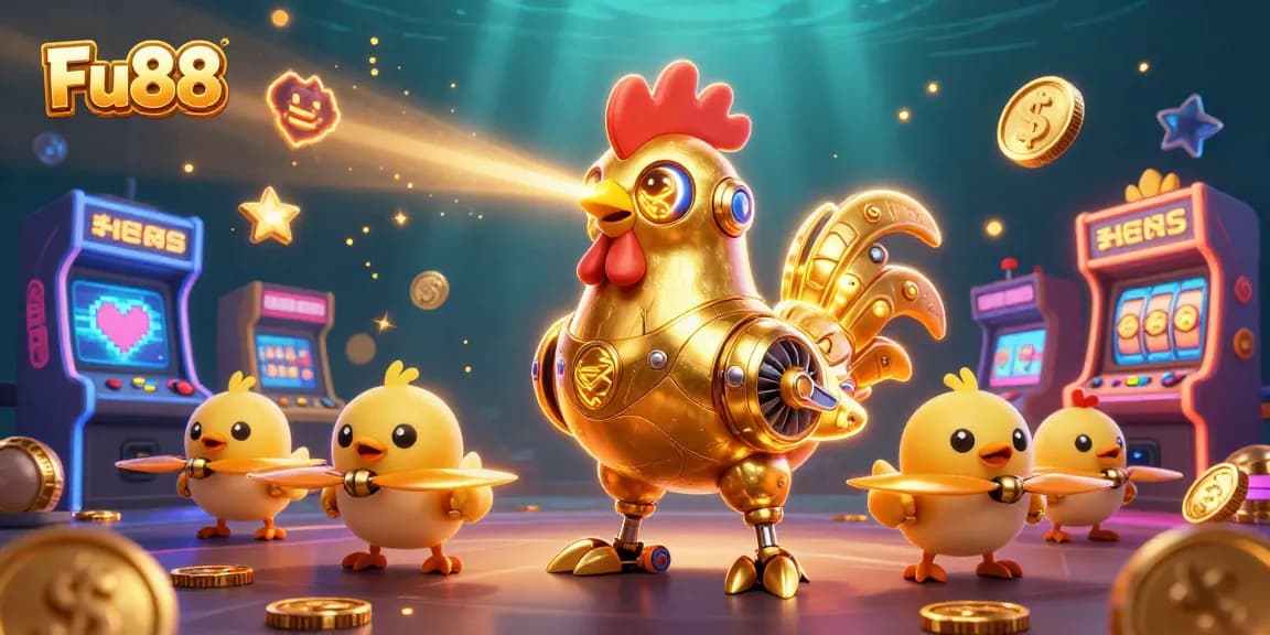 Engage with Fu88’s thrilling arcade casino adventure featuring a golden rooster robot amidst vibrant game elements.