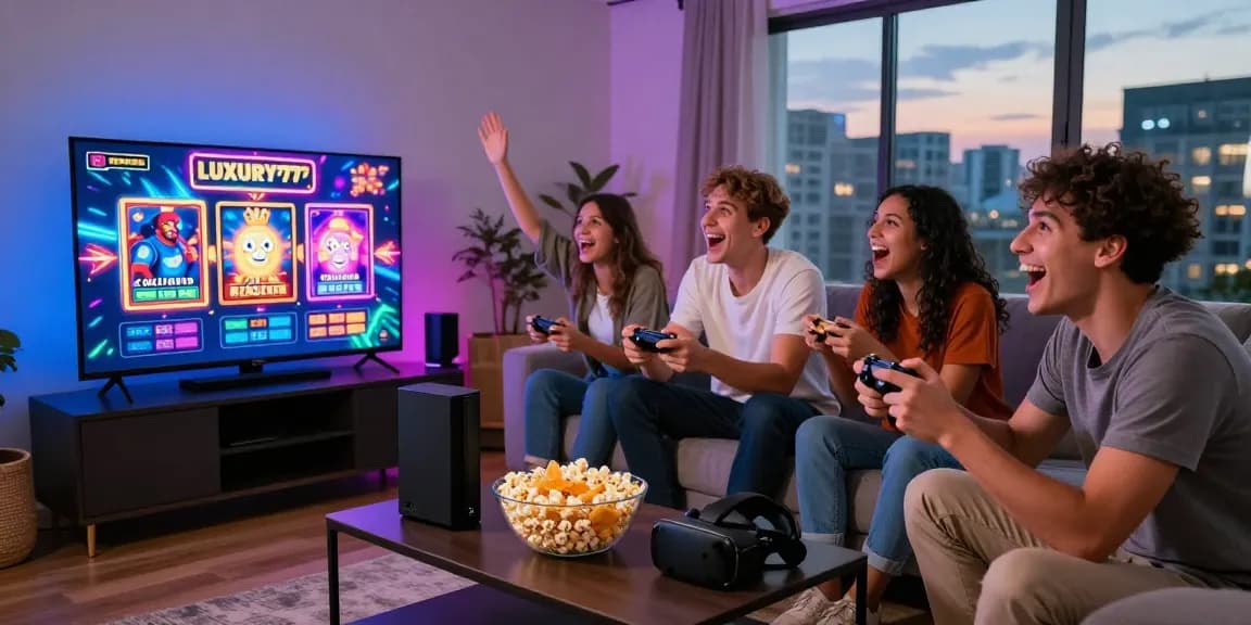 Pengalaman bermain slot video LUXURY777 yang seru dengan teman di ruang tamu modern.