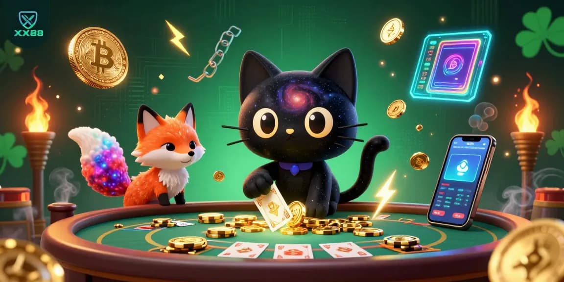 Experience thrilling game action at XX88 with cosmic cat, vibrant colors, and engaging cryptocurrency elements.