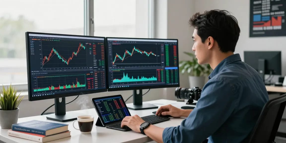在流畅的交易环境中,交易员使用TradingView分析股票和加密货币趋势,背景是现代化办公室。