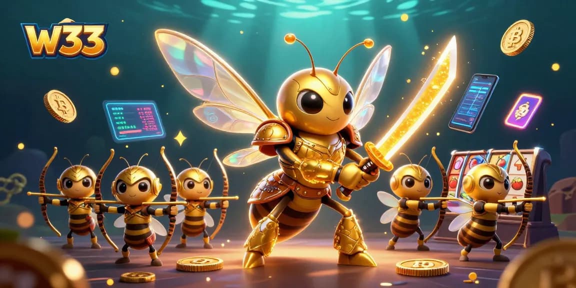 Engage with w33's vibrant pokies experience featuring animated characters and neon elements.