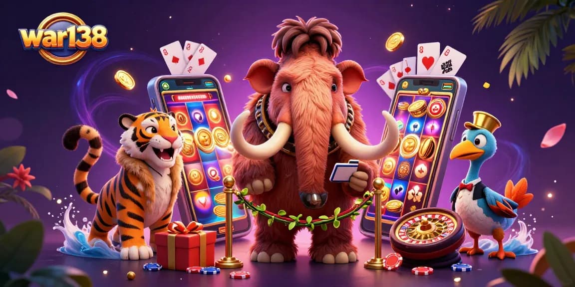 Play slots with war138: a vibrant casino scene featuring a majestic mammoth bouncer.