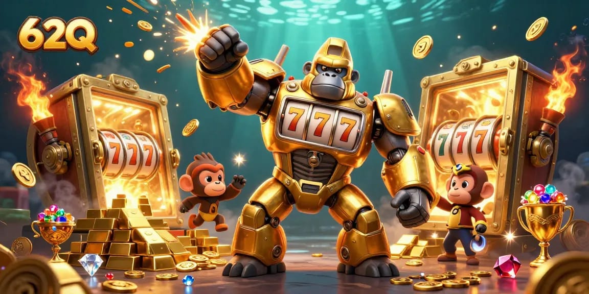 Ilustração 3D da mecânica de cassino 62Q: gorila-dourado lutando com caixas de tesouro e ganhos emocionantes.