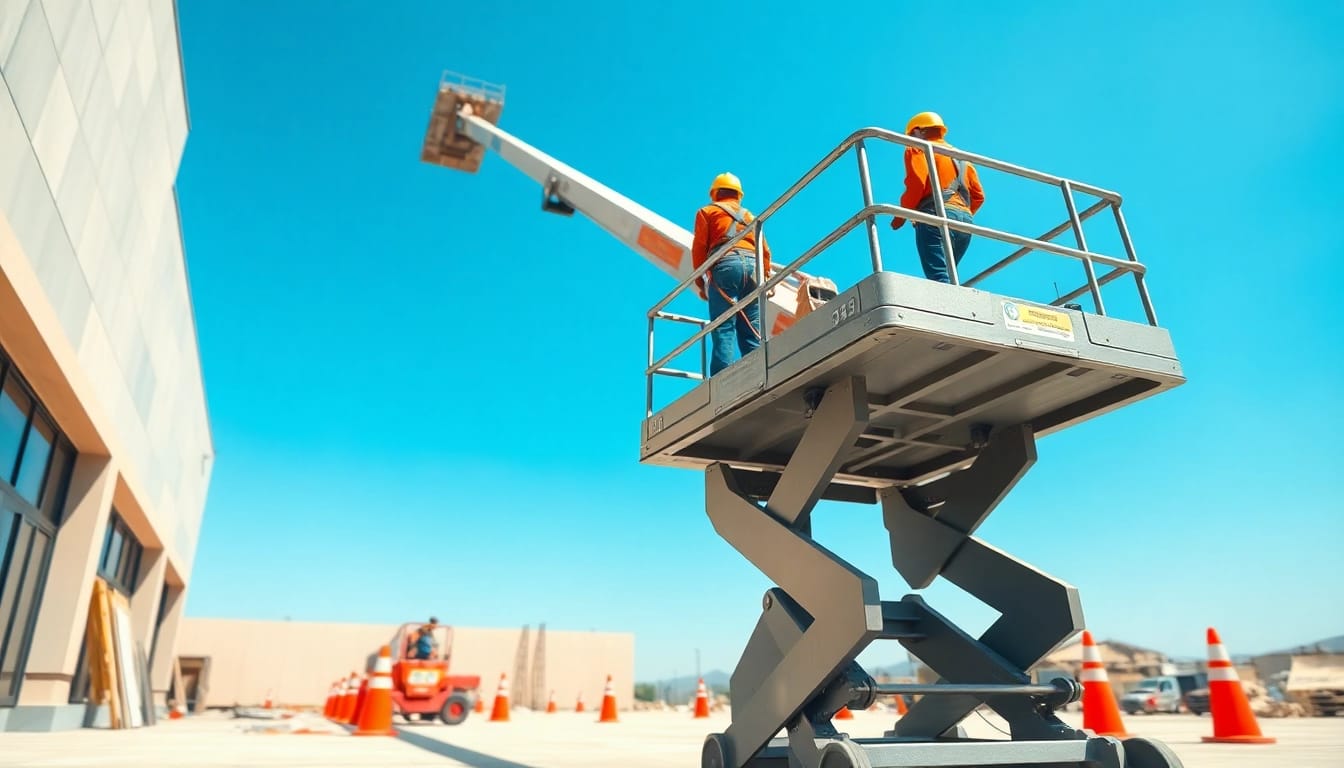 Workers operating a manlift to reach elevated construction areas safely.