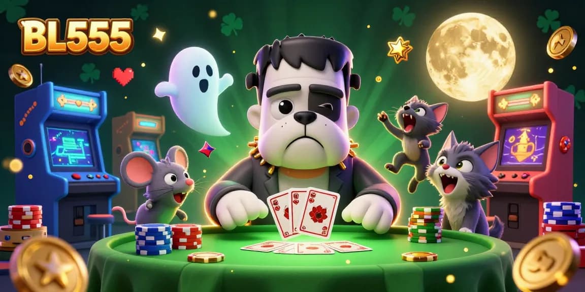 Engage with BL555 as a cartoon bulldog monster deals cards at a spooky casino table.