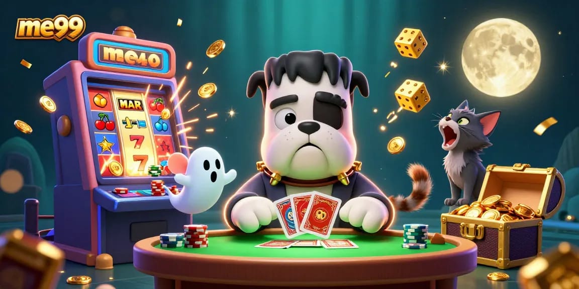 Experience thrilling moments at me99 with a unique 3D casino scene featuring characters and vibrant game elements.