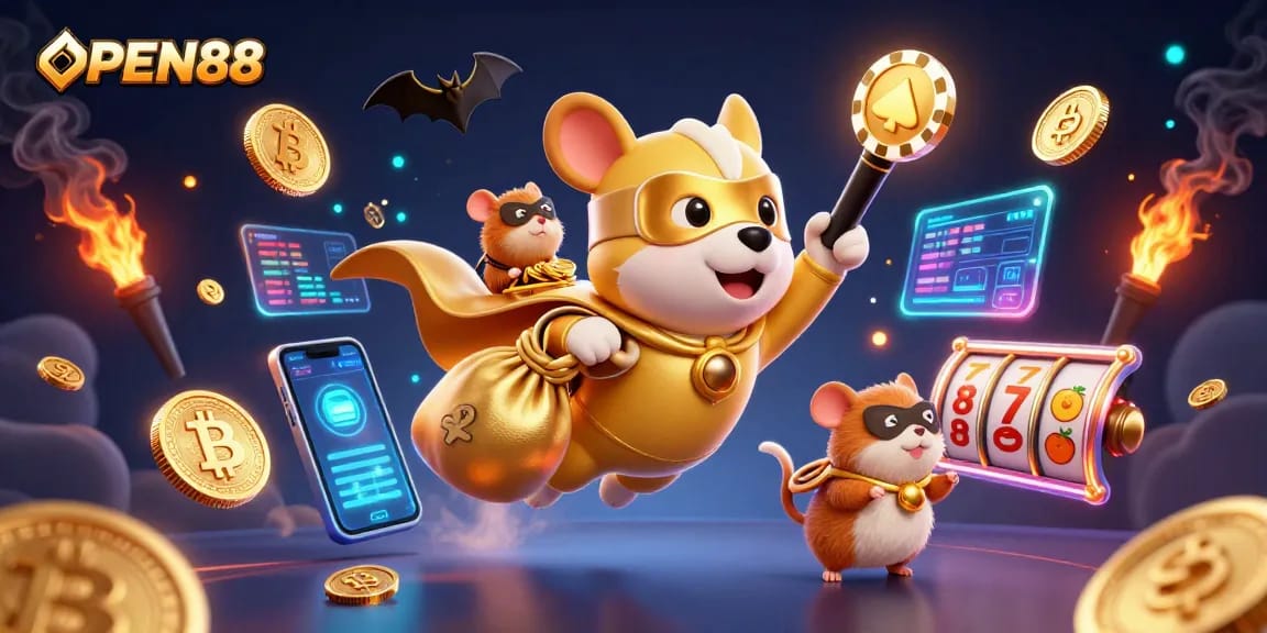 Experience thrilling games at OPEN88 with a superhero dog and hamster in a vibrant casino scene.