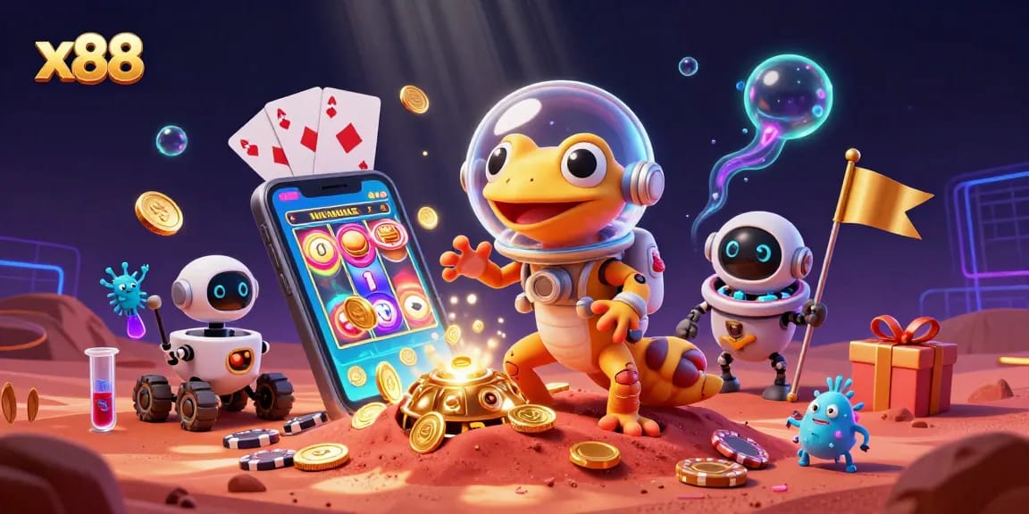 Explore vibrant gaming with x88 as Martian gecko discovers a golden casino on red Mars.