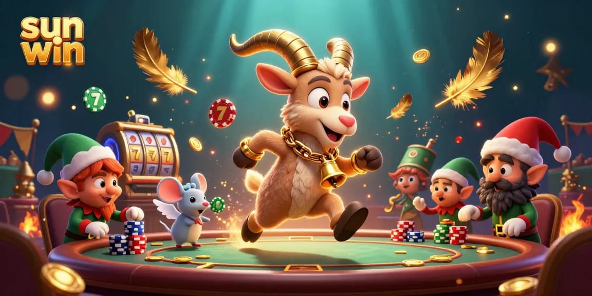 Engage with sun win at a vibrant casino scene featuring Krampus, an angel, and elf gremlins.