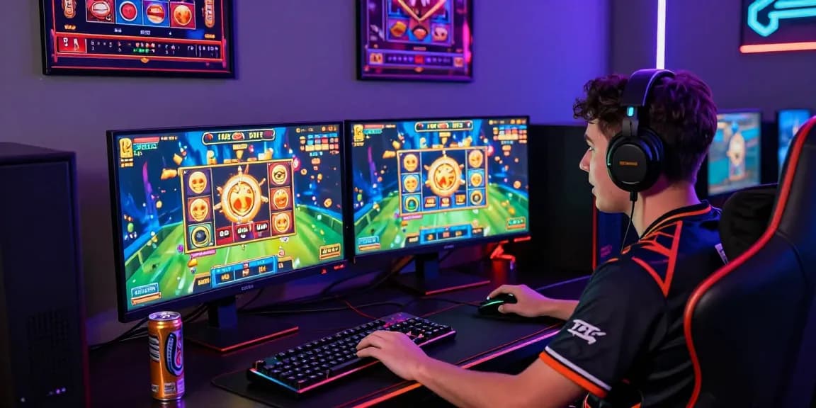 Exciting gaming moment with a player at a situs gacor online slot setup, vibrant neon lights, and dual monitors.