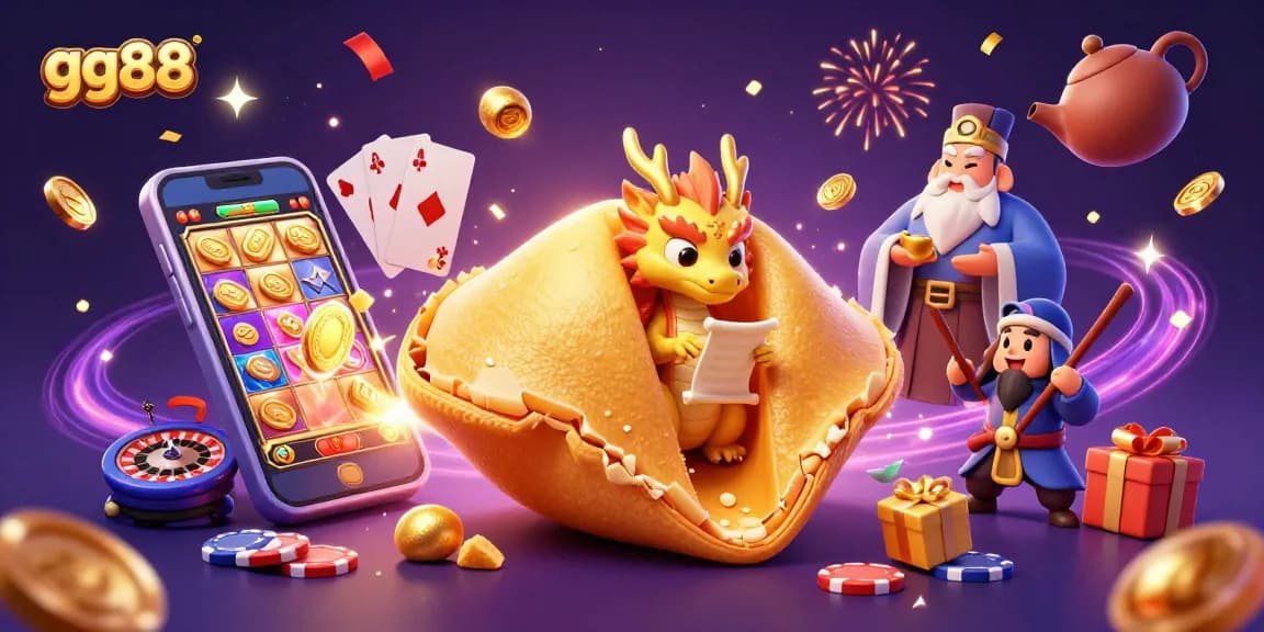 Engage with gg88's vibrant gambling world featuring golden fortune cookie characters and slot games.