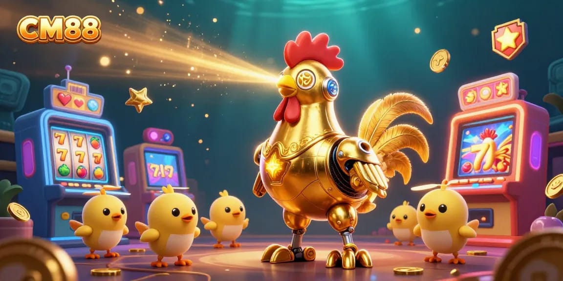 Engage in vibrant slot play with CM88's golden rooster robot surrounded by dazzling game machines.