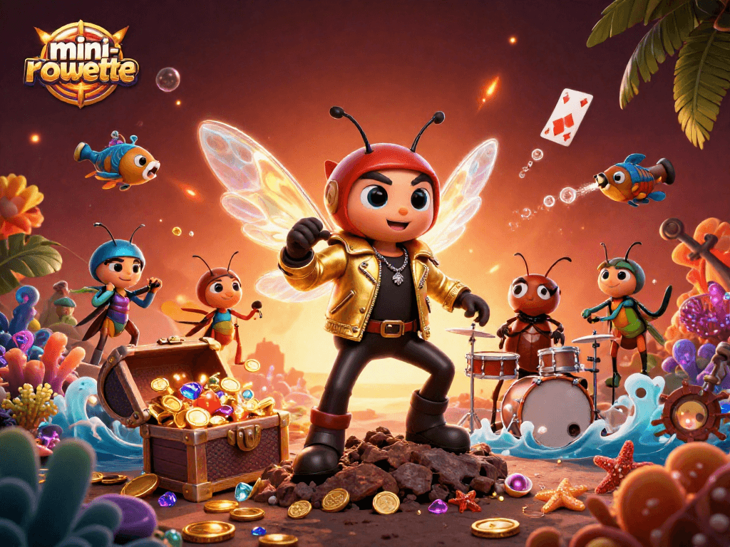 Experience the thrill of mini-roulette with a vibrant, playful 3D casino scene featuring a rock star cicada.