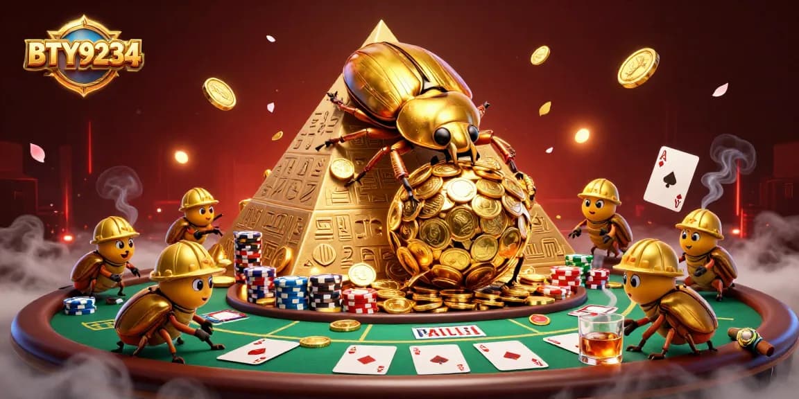 Engage with BTY9234 as a golden dung beetle rolls coins in a vibrant casino scene.