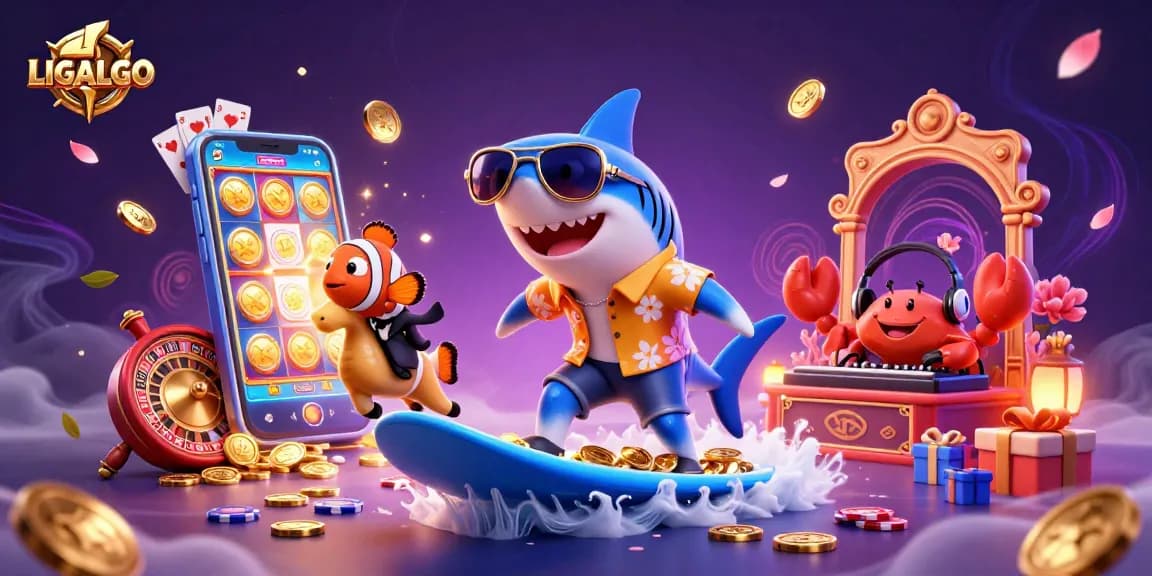 LIGALGO offers a vibrant scene with a shark surfing coins, promoting engaging casino games.