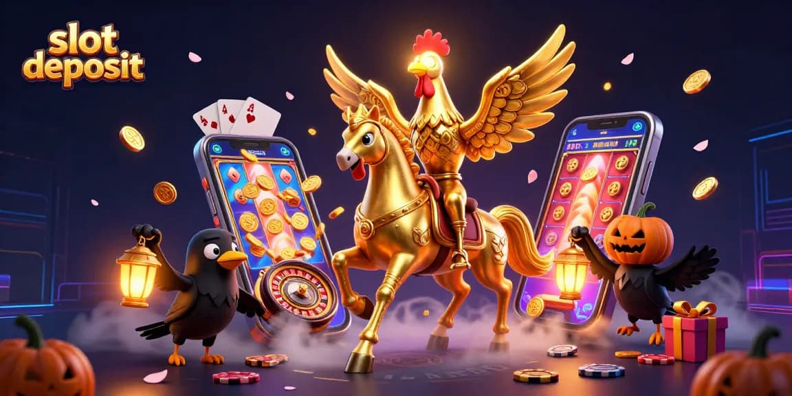 Permainan slot deposit yang menarik dengan karakter ayam emas dan elemen kasino malam