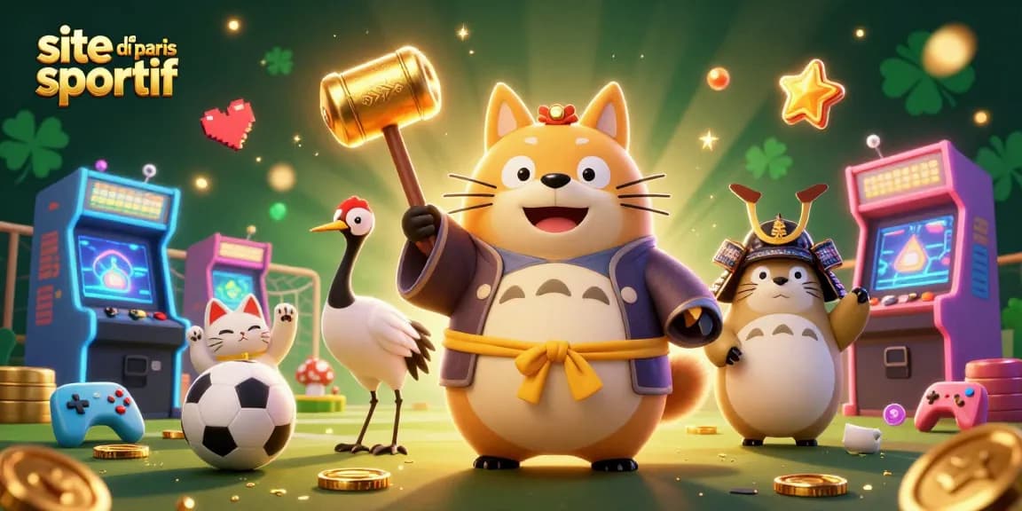 Pariez sur un site de paris sportif avec des personnages animés, des ballons de sport et une ambiance festive.