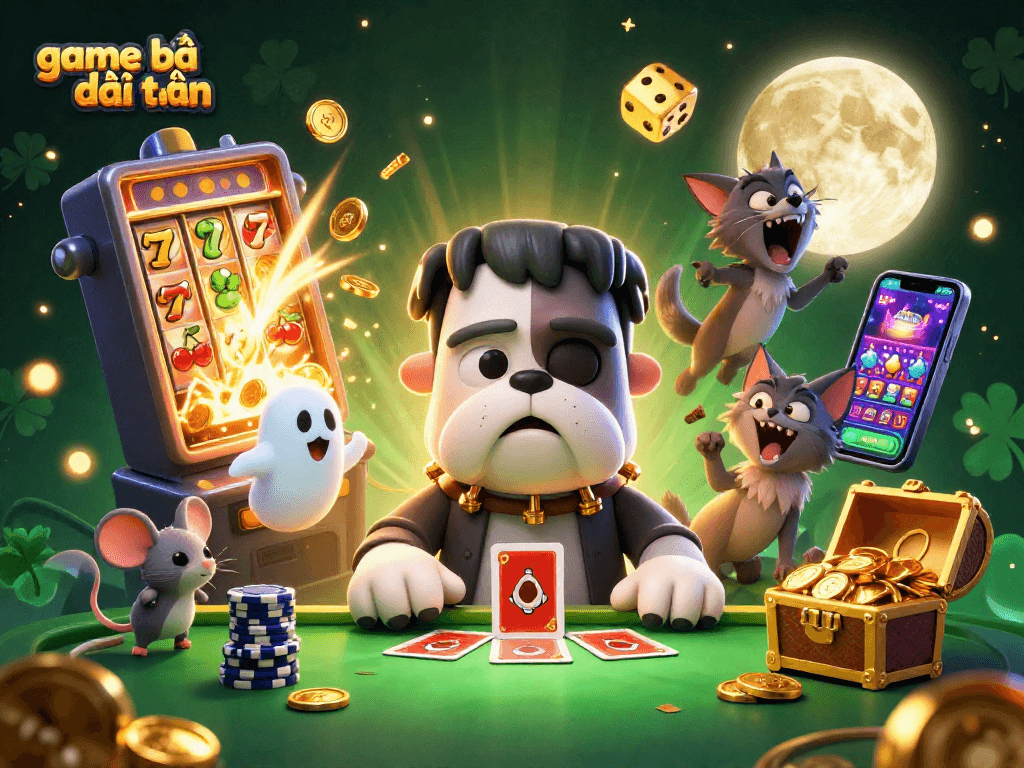 Win at game bài đổi thưởng with a spooktacular casino scene featuring a Frankenstein bulldog dealer.