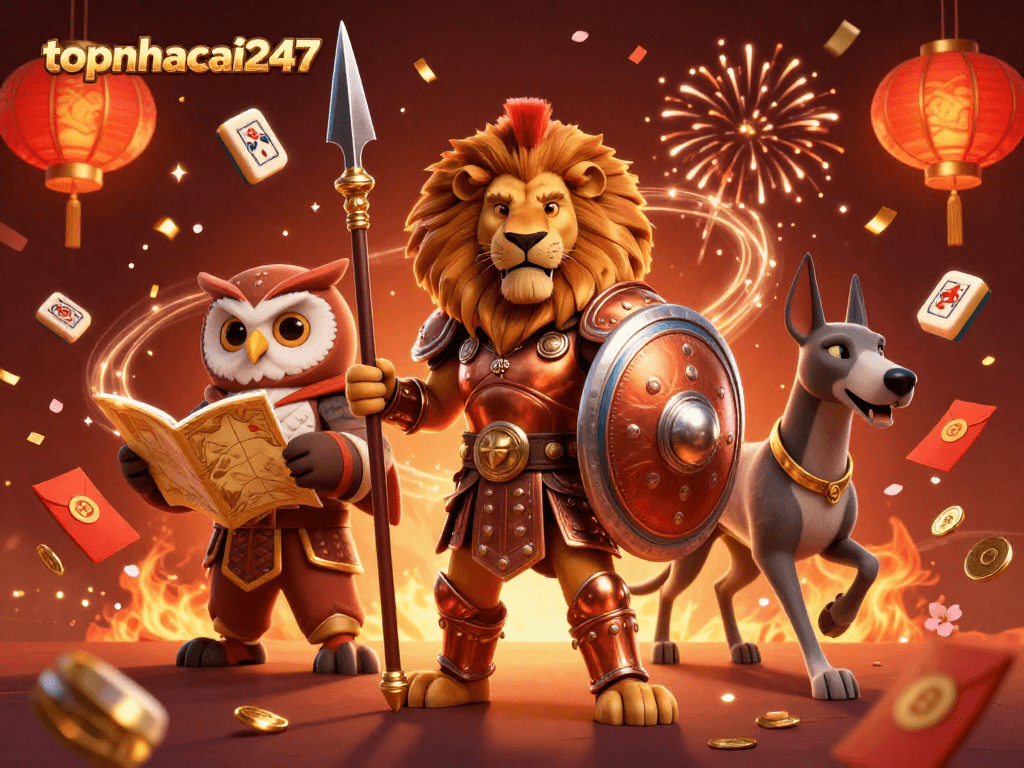 topnhacai247 showcases an exciting casino scene with a heroic Spartan lion, tactical owl, and swift greyhound amidst festive elements.